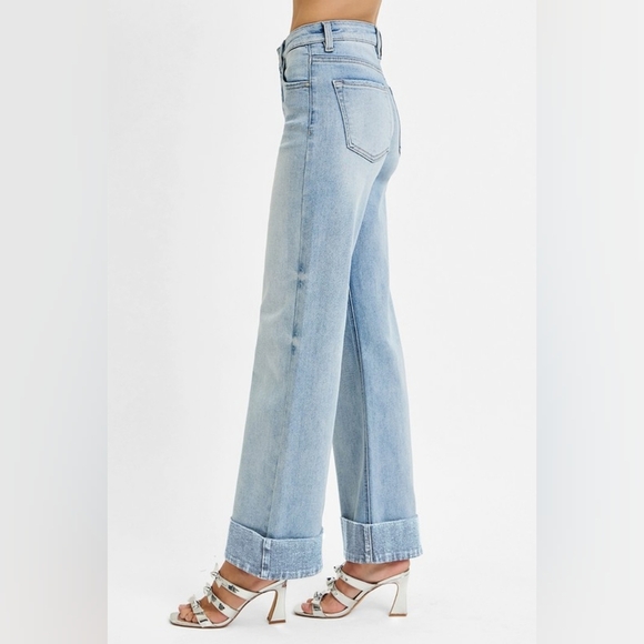 Risen High Rise Tummy Control Light Wash Wide Leg Cuffed Denim Jeans Various NEW - Picture 10 of 17